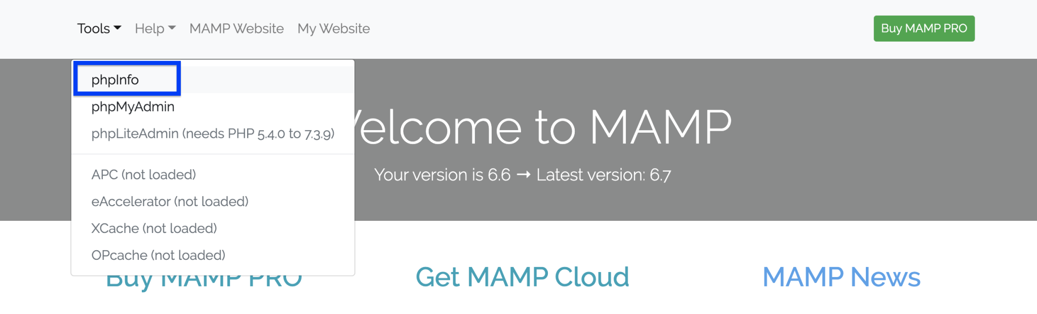 phpinfo in MAMP dashboard