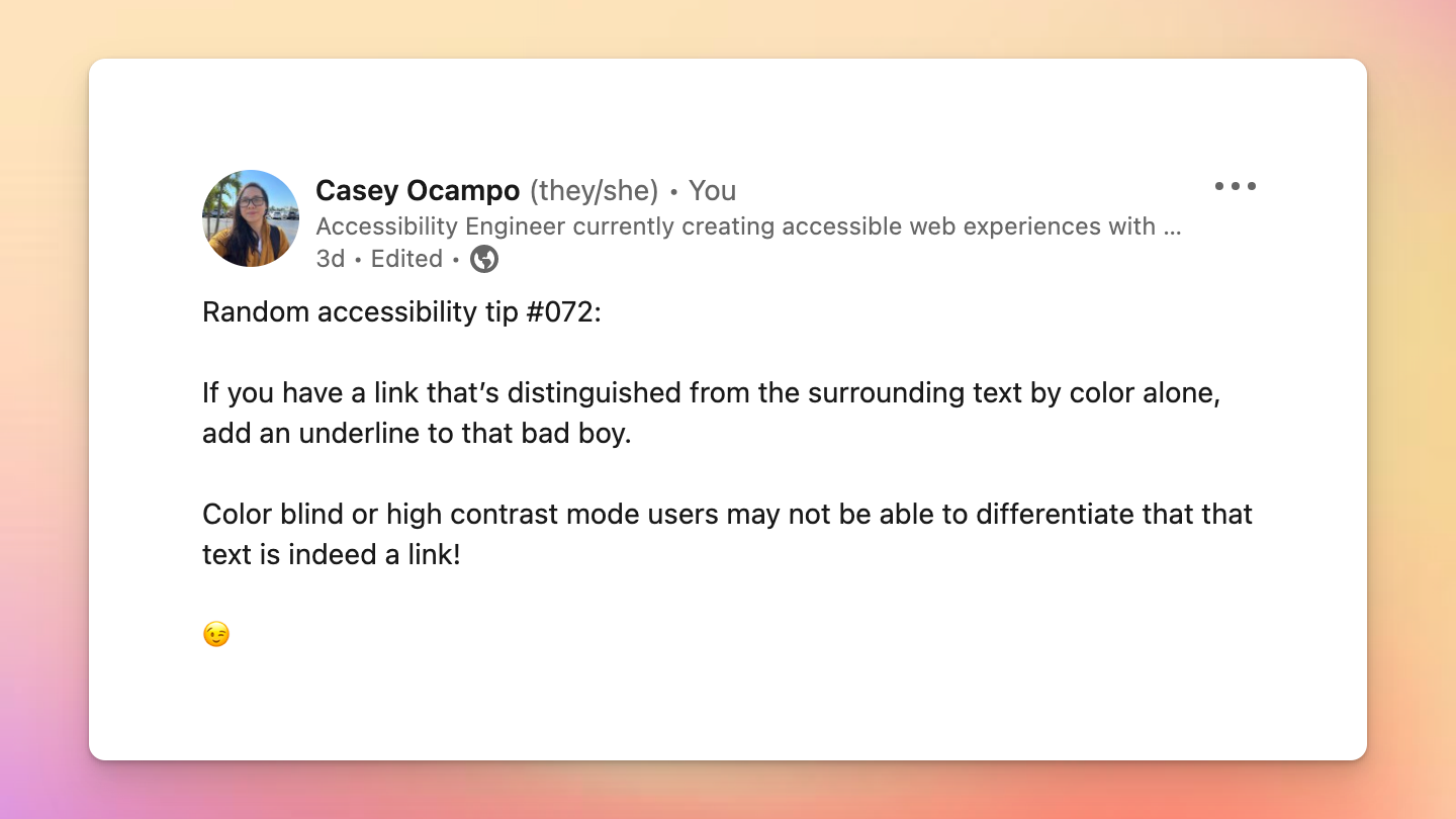 screenshot of random accessibility tip post from LinkedIn