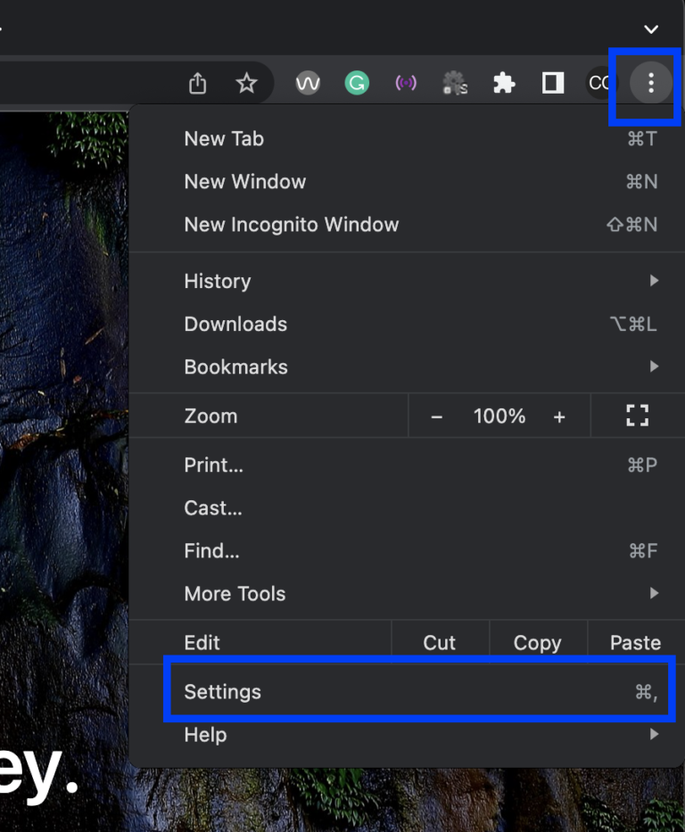 Chrome settings in menu dropdown