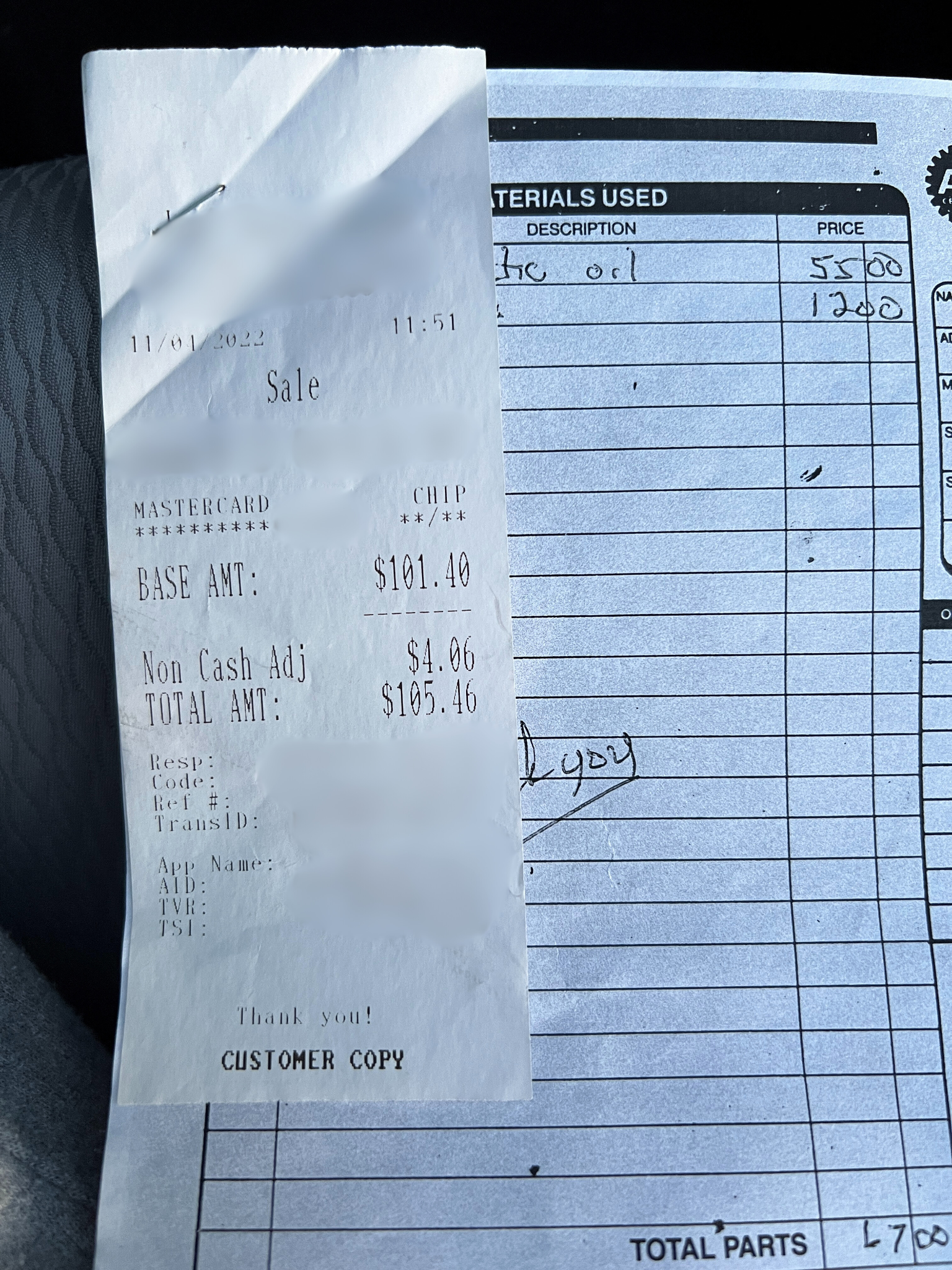 $101.40 bill for materials and labor